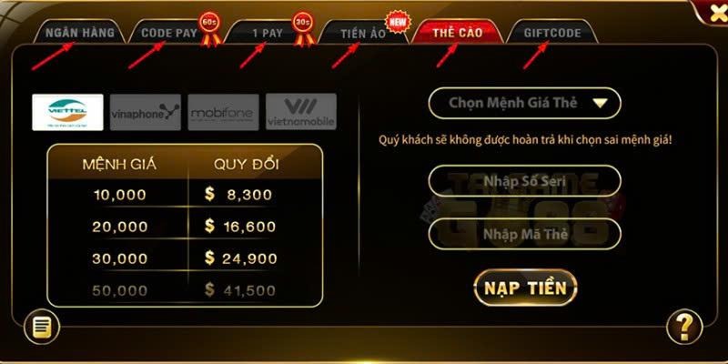 Có các phương thức nạp tiền để lựa chọn tại Go88